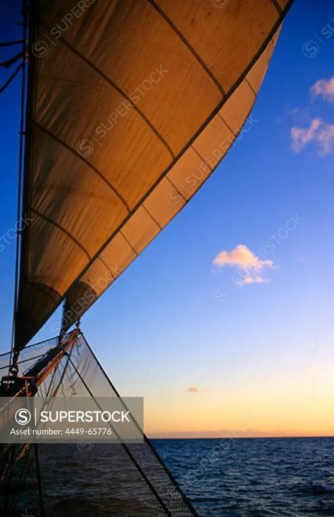 Bowsprit of a sailing ship at sunset, Sail, Bora Bora, South Pacific