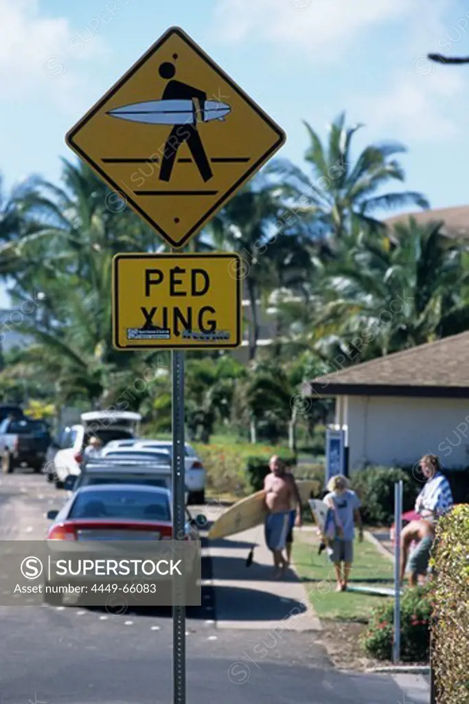 Surfer Crossing Warning Sign, Poipu, Kauai, Hawaii, USA