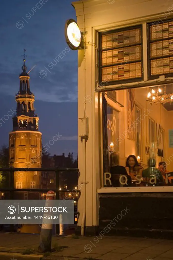 Rosario Restaurant, Montelbaanstoren, Watch Tower, Rosario Restaurant and Montelbaanstoren, a watch tower in background in the evening, Amsterdam, Holland, Netherlands