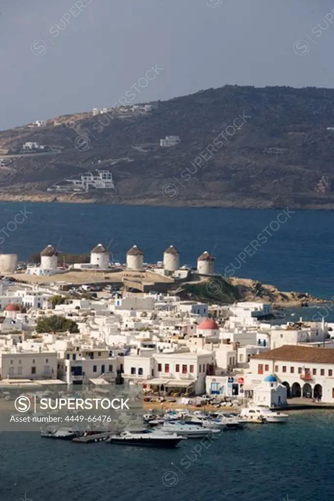 Aerial view of the harbour with windmills and ships, Mykonos-Town, Mykonos, Greece