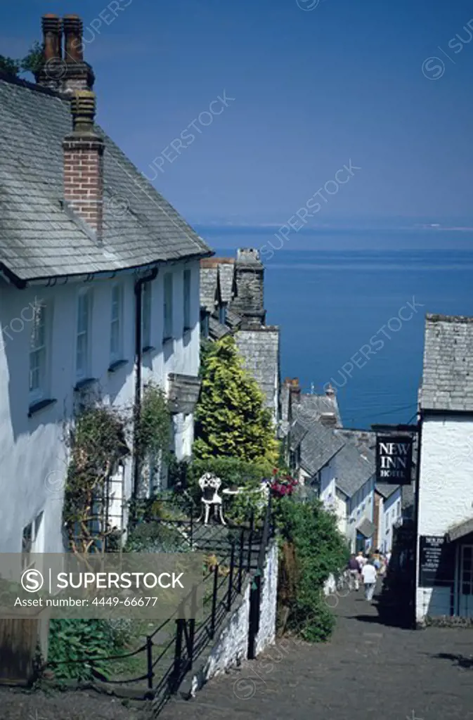 Steep street, Clovelly, old fishing village, Devon, England