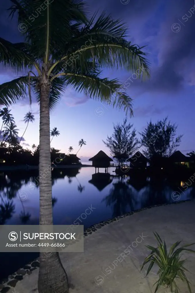 Overwater Bungalows at Dusk, InterContinental Beachcomber Resort, Moorea, French Polynesia