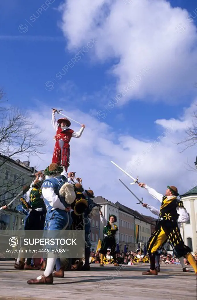Dance with swords and historical cotumes, Georgiritt and procession in Traunstein, Chiemgau, Upper Bavaria, Bavaria, Germany