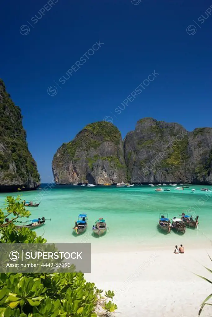 View over Maya Bay, a beautiful scenic lagoon, famous for the Hollywood film ""The Beach"" with anchored boats, Ko Phi-Phi Leh, Ko Phi-Phi Islands, Krabi, Thailand, after the tsunami