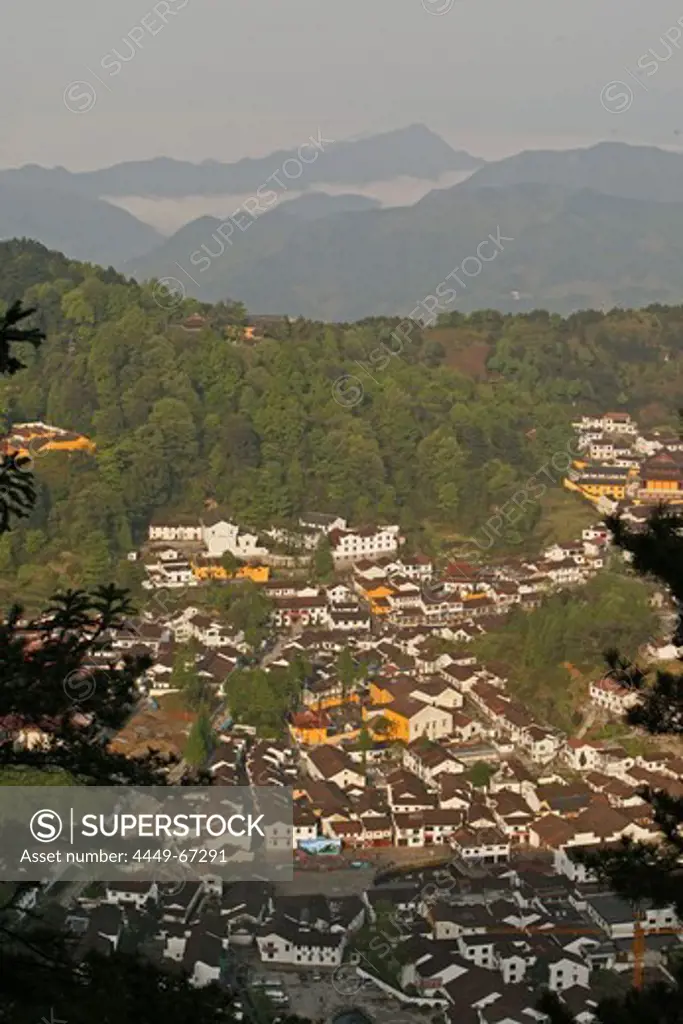 View of Jiuhua Shan Village, Jiuhuashan, Mount Jiuhua, mountain of nine flowers, Jiuhua Shan, Anhui province, China, Asia
