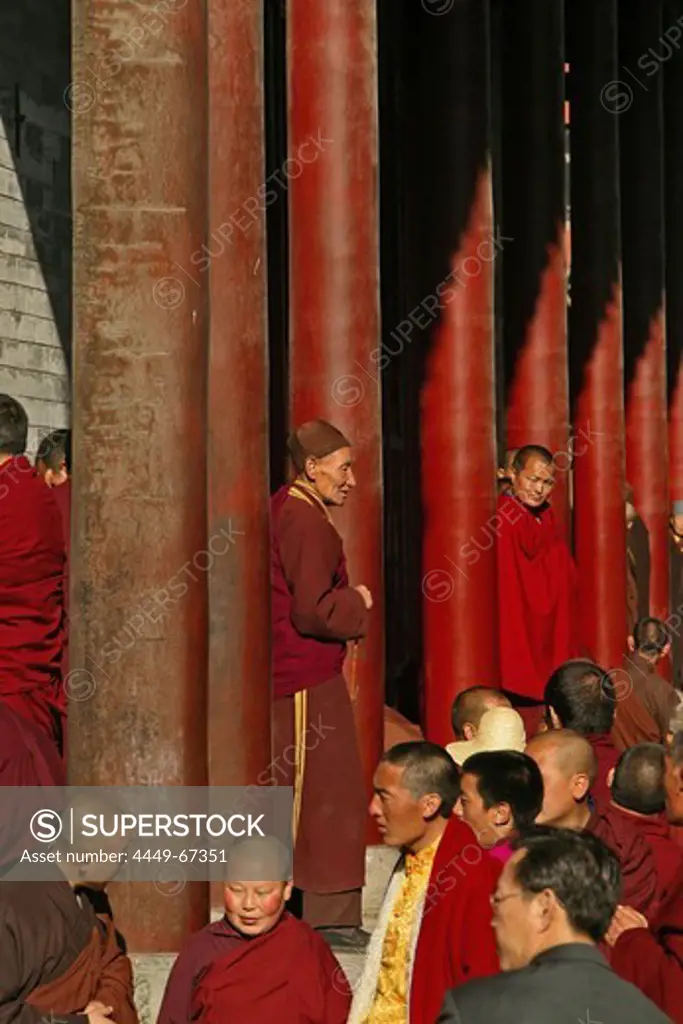 Buddhist monks attending a prayer ceremony to honour Wenshus, red columns of the temple, Xiantong Monastery, Wutai Shan, Five Terrace Mountain, Buddhist Centre, town of Taihuai, Shanxi province, China