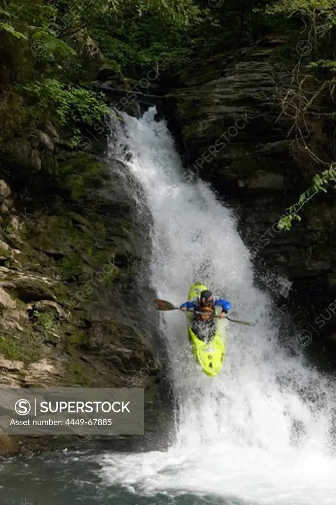 Man, Kajaker, Creek, Wildwater, Waterfall, Interlaken, Grisons, Switzerland