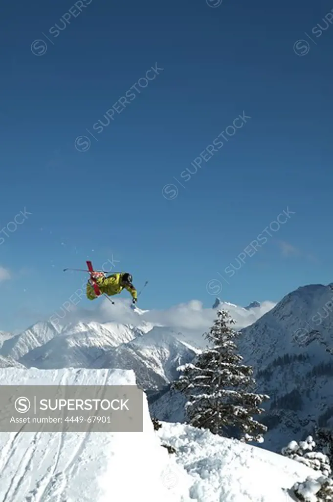 Man, Jump, Kicker, Snowy Mountains, Warth, Arlberg, Tyrol, Austria