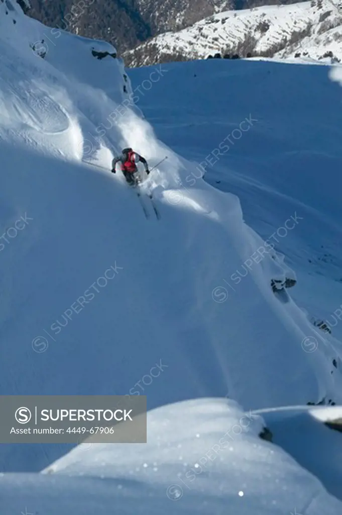 Man, Skiing, Powderturn, Downhill, Valley, St Luc, Chandolin, Valais, Switzerland