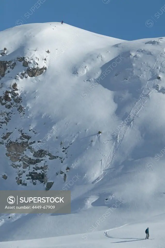 Men, Skiing, Snowy Mountains, Valley, St Luc, Chandolin, Valais, Switzerland