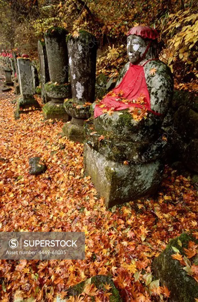 Buddhistic priest figures at river Daiya, Gamangafuchi Gorge, Nikko, Japan