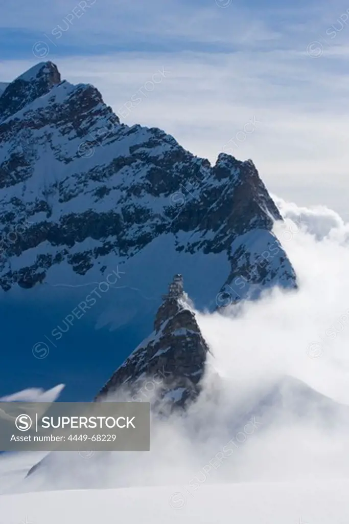 View to Sphinx Observatory (3571 m) at mountain Sphinx near Jungfraujoch (3454 m), also called the Top of Europe (highest railway station in Europe), Grindelwald, Bernese Oberland (highlands), Canton of Bern, Switzerland