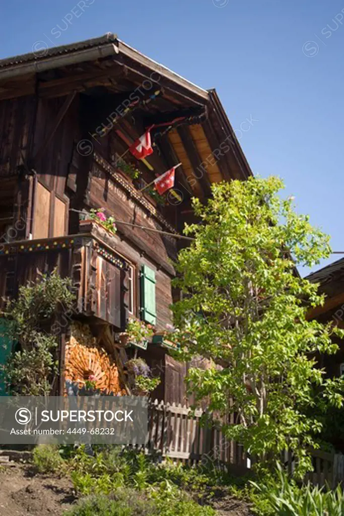 Wooden house in Muerren (1650 m, Walser mountain village), Bernese Oberland (highlands), Canton of Bern, Switzerland