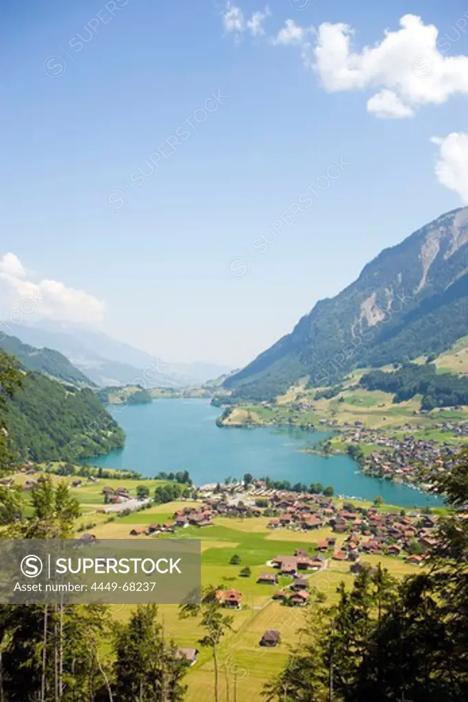 View from mountain Rothorn over valley with Lake Brienz and village Brienz, Bernese Oberland (highlands), Canton of Bern, Switzerland