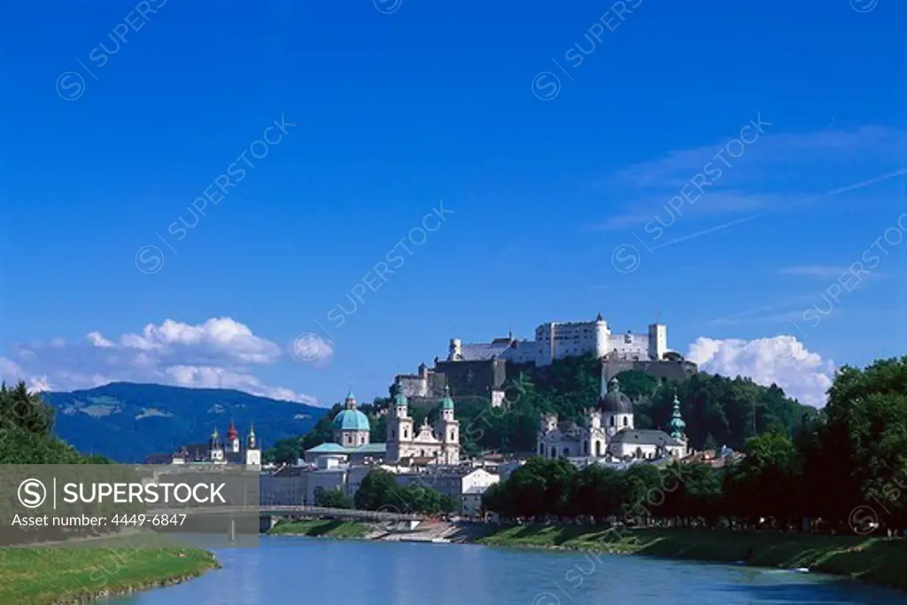 View at old town with cathedral and Fort Hohensalzburg at Salzach river, Salzburg, Salzburger Land, Austria, Europe