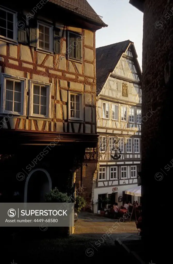 Half timbered houses at the old town in the evening light, Schwaebisch Hall, Baden-Wuerttemberg, Germany, Europe