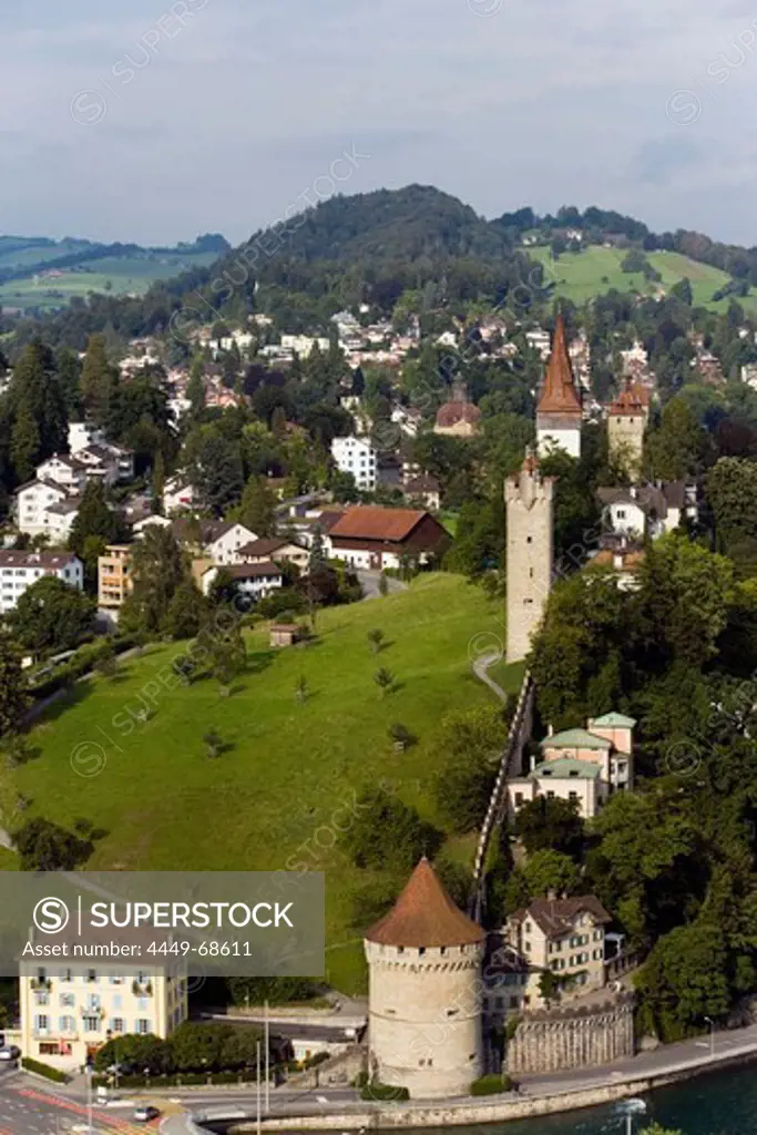 View on city wall with Maennliturm, Luegisland Tower and Wachturm (watch tower), Lucerne, Canton Lucerne, Switzerland