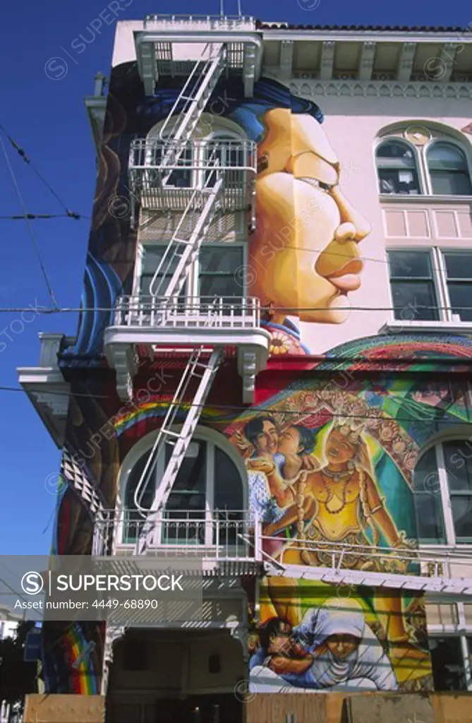 California San Francisco Mission district, mural of hispanic artist, wall painting
