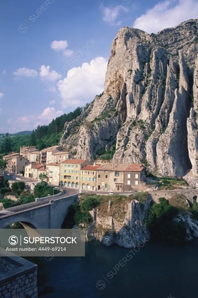 The small town of Sisteron with rocks and Durance river, Sisteron, Provence, France