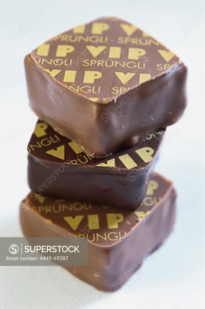 Close up of VIP pralines, chocolate, Sweets, Spruengli, Zurich, Switzerland