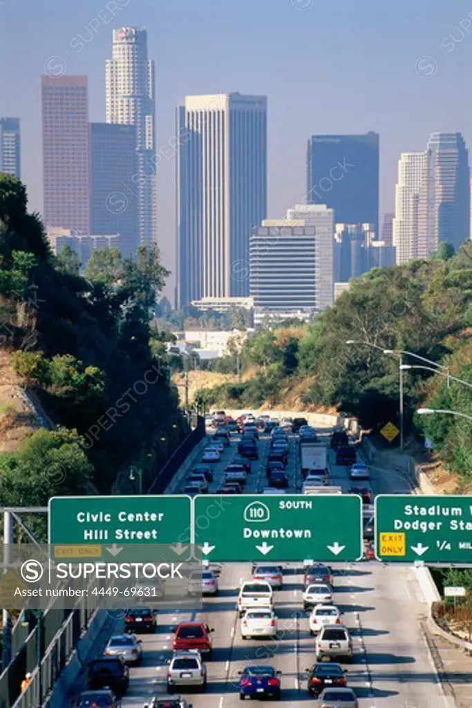 Downtown L.A. with highway 110 at rush hour, Los Angeles, California, USA