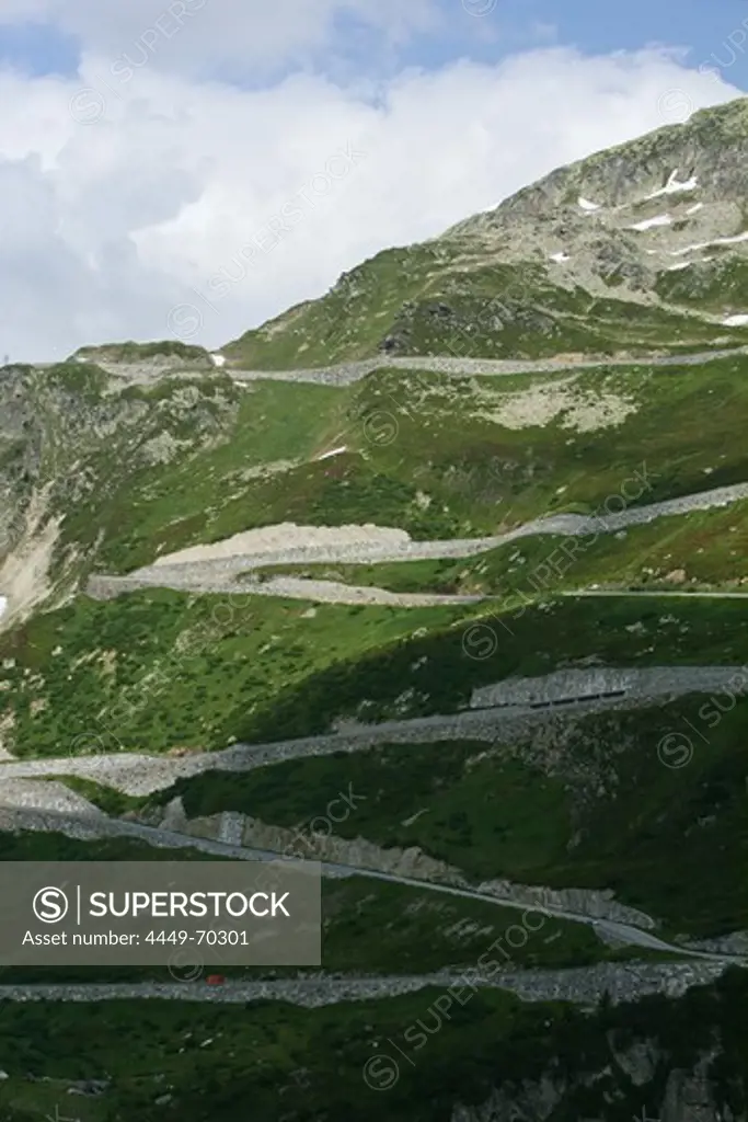 Serpentine, hairpin bend road, Furka Pass, June, Alps, Switzerland, Europe
