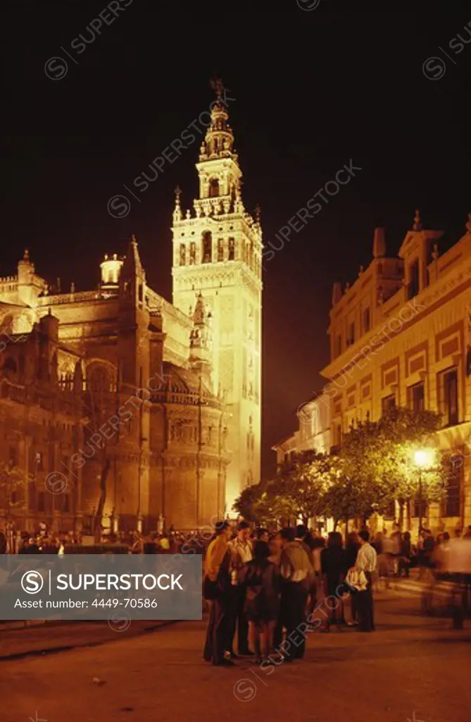 People standing in front of the illuminated cathedral Santa Maria de la Sede and its church tower at night, Plaza del Triunfo, Seville, Andalusia, Spain