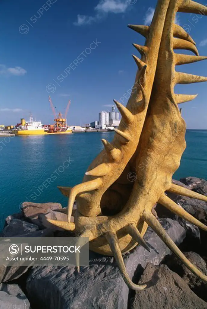 Sculpture shaped like a gigantic shell at harbour of Puerto del Rosario, Fuerteventura, Canary Islands, Spain