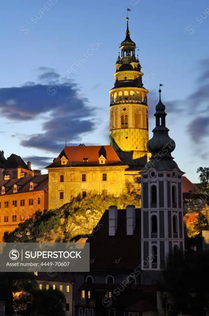 Prospect of castle and church St. Jodokus, Cesky Krumlov, Krumau, Czech Republic