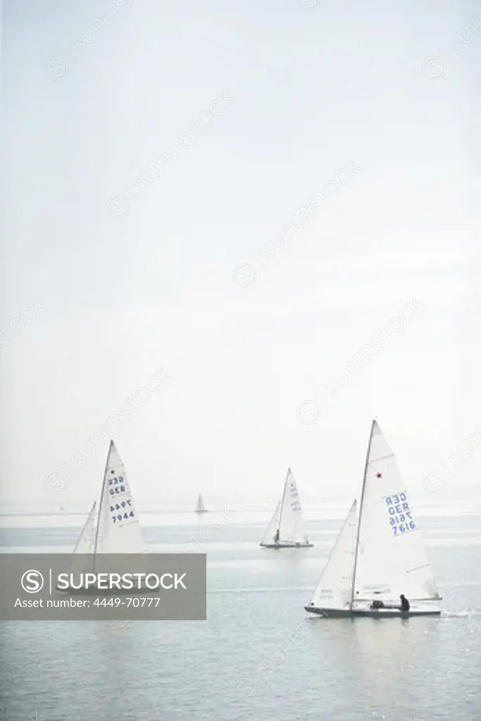 Sailing boats in low wind, Lake Ammersee, Bavaria, Germany