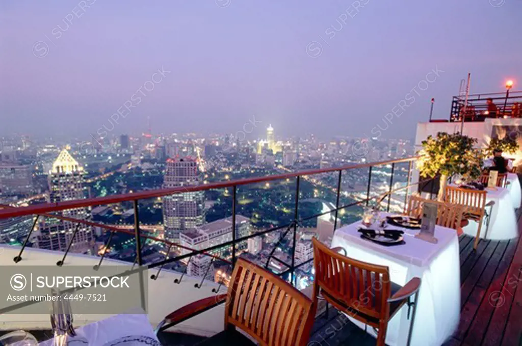 The Restaurant Vertigo on the roof deck of Hotel Banyan Tree in the evening, Bangkok, Thailand