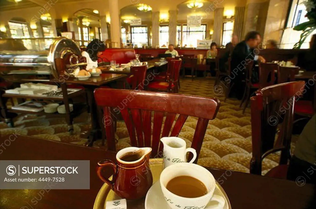 Serving tray with a coffee in the Cafe de Flore, Cafe de Flore, Boulevard Saint-Germain, Paris, France