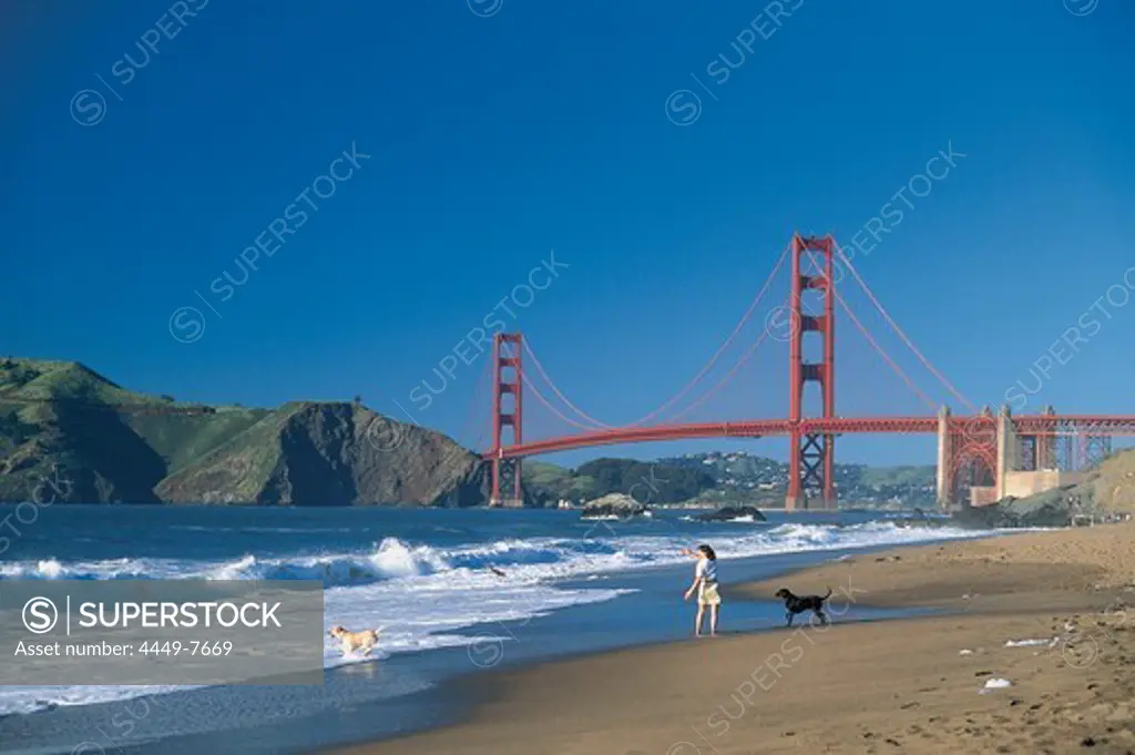 Woman with dogs at Baker Beach, Golden Gate Bridge in background, San Francisco, California, USA