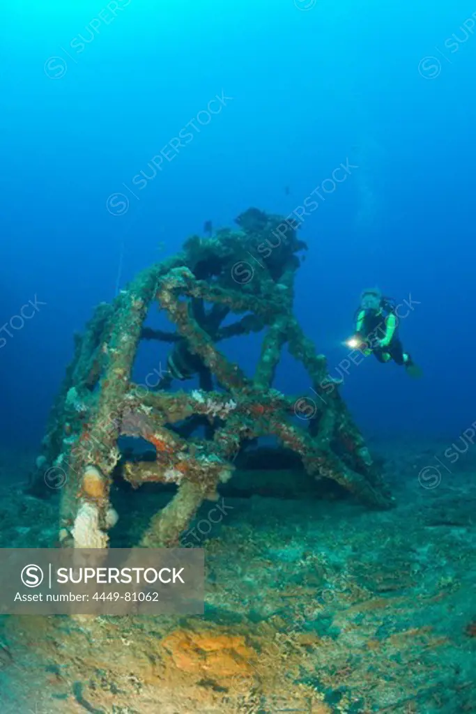 Diver and Blast Tower on Flight Deck of USS Saratoga, Marshall Islands, Bikini Atoll, Micronesia, Pacific Ocean
