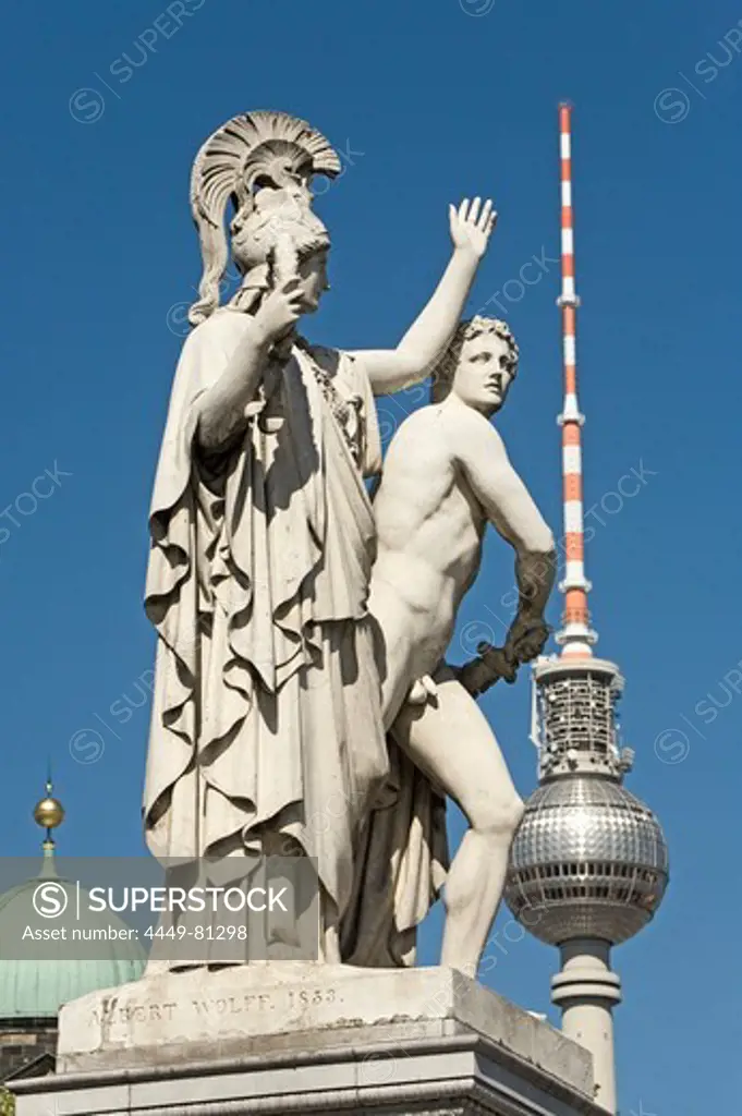 Sculptures on the Schlossbruecke, TV Tower in the background, Unter den Linden, Berlin, Germany, Europe