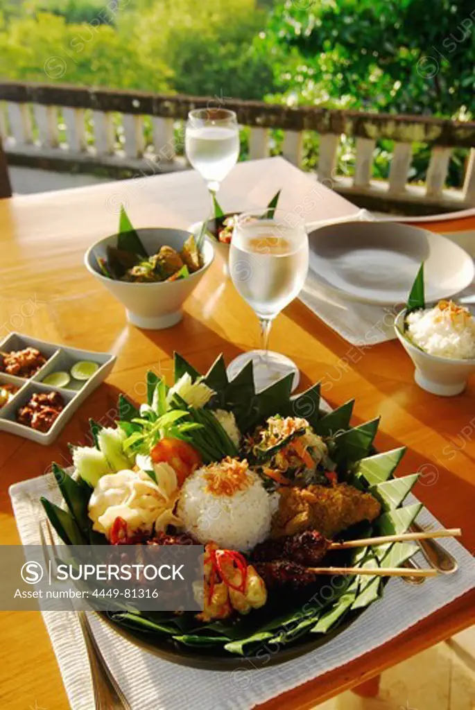 Nasi Campur, indonese breakfast on the terrace of Amanusa Resort, Nusa Dua, Southern Bali, Indonesia, Asia