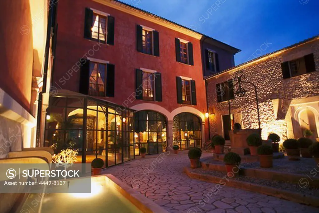 Inner courtyard of the Gran Hotel Son Net in the evening, Puigpunyent, Mallorca, Spain, Europe