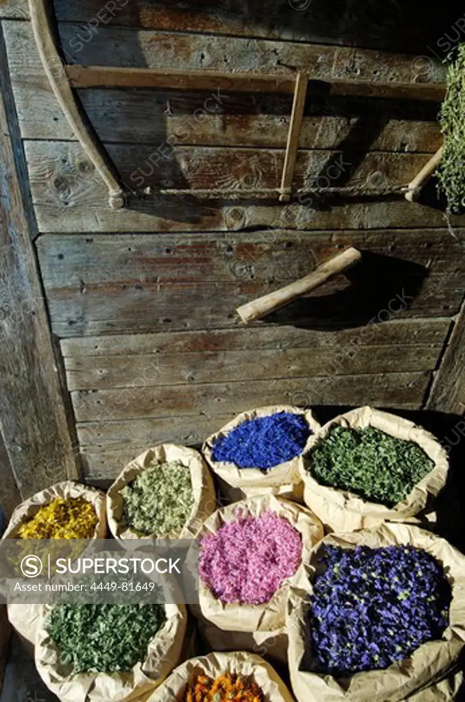 Sacks of medicinal herbs in front of an alpine hut in the sunlight, Siusi, Valle Isarco, South Tyrol, Italy, Europe