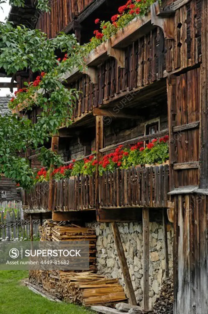 Farmhouse with balcony in the South Tyrolean local history museum at Dietenheim, Puster Valley, South Tyrol, Italy