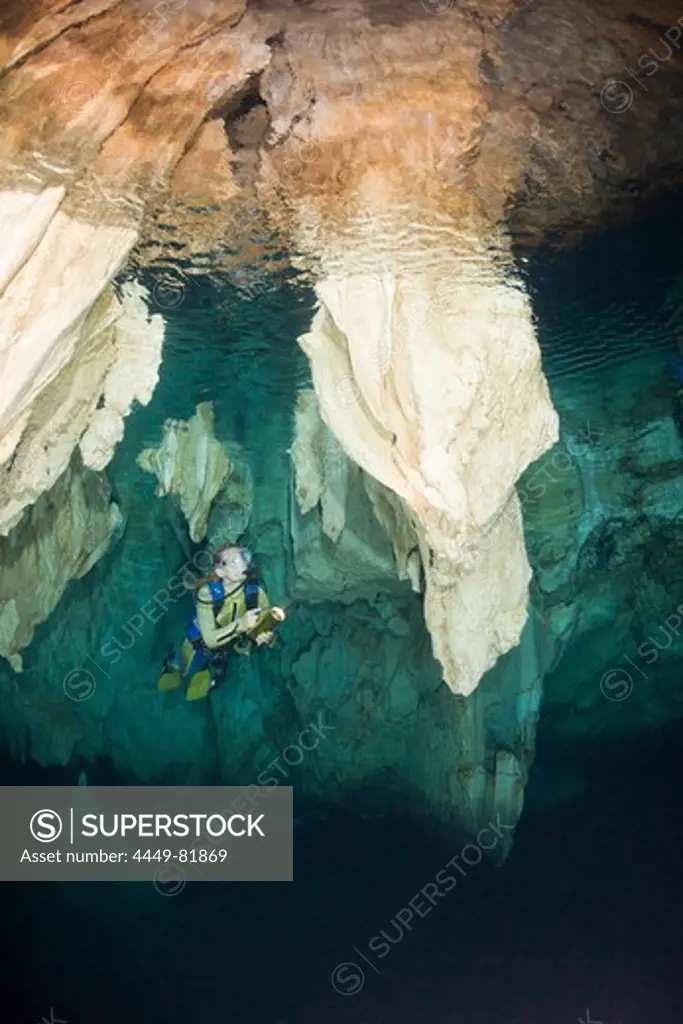 Diver in Chandelier Dripstone Cave, Micronesia, Palau