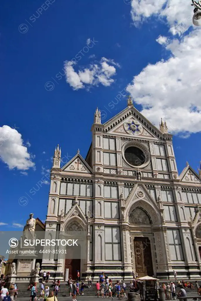 Facade of Santa Croce church with Dante memorial and tourists, Piazza Santa Croce, Florence, Tuscany, Italy, Europe
