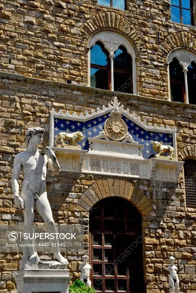 Copy of David by Michelangelo in front of Palzzo Vecchio, Florence, Tuscany, Italy, Europe
