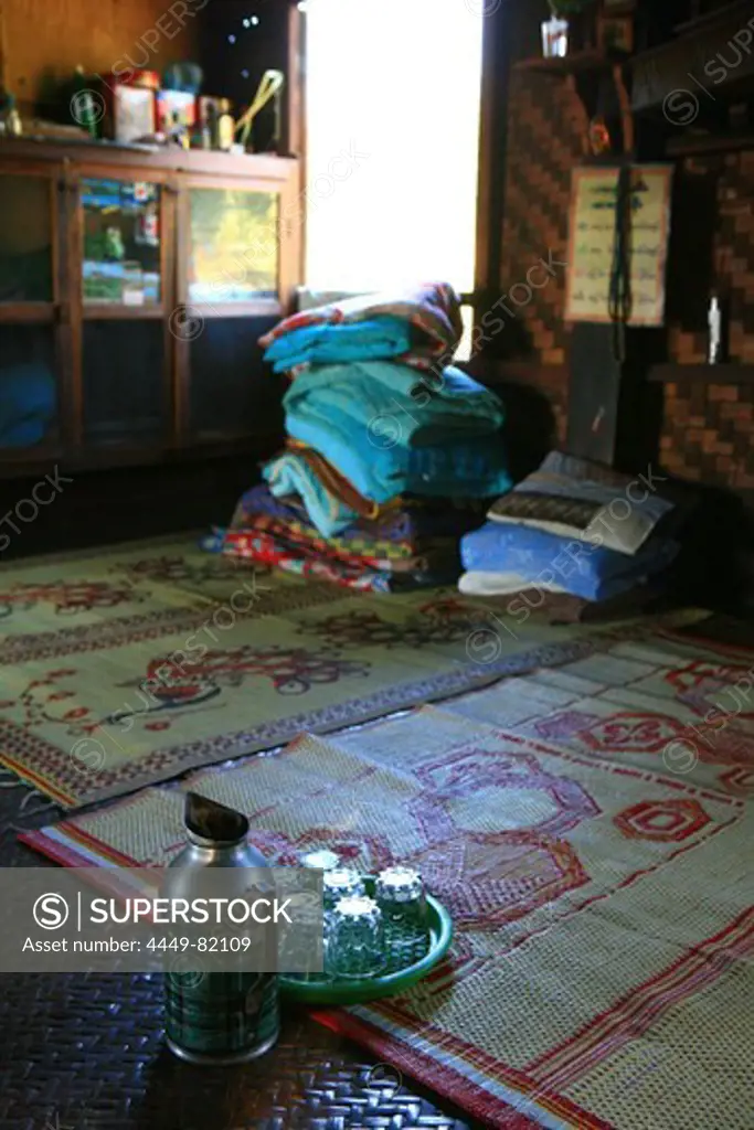 Interior view of a Shan house at a Shan mountain village, Shan State, Myanmar, Burma, Asia