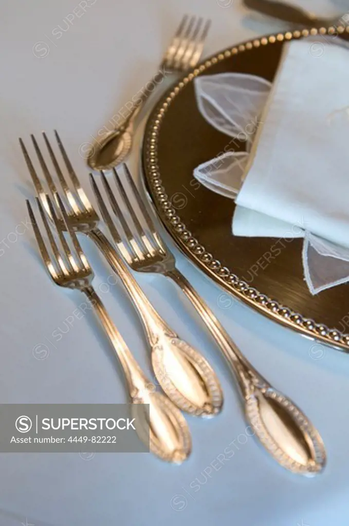 Detail of forks and plates, restaurant Trenkerstube, Hotel Castel, Dorf Tirol near Meran, South Tyrol, Italy