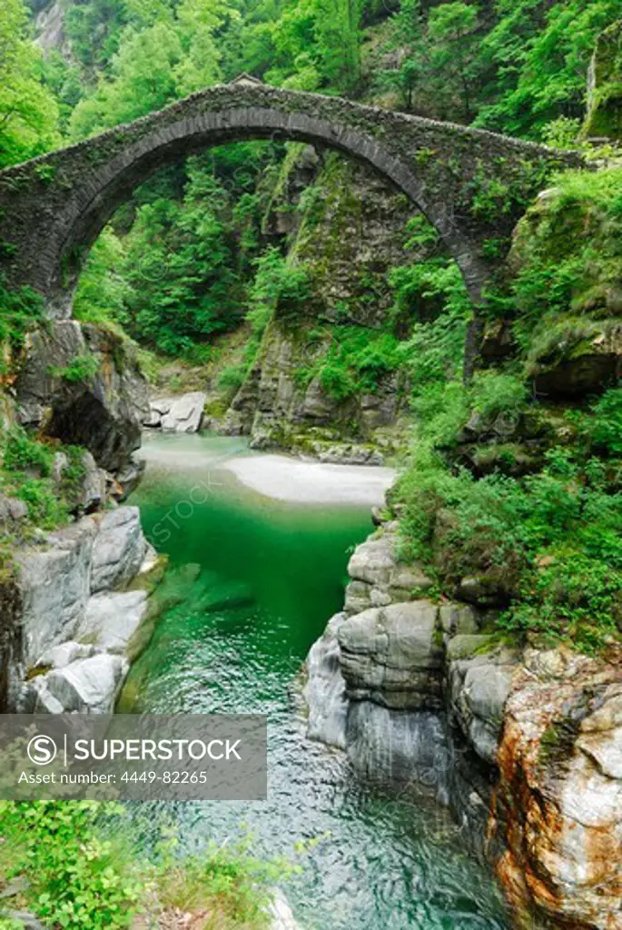 Stone arch bridge Ponte Romano over river Melezza, Intragna, Centovalli, lake Maggiore, Lago Maggiore, Ticino, Switzerland