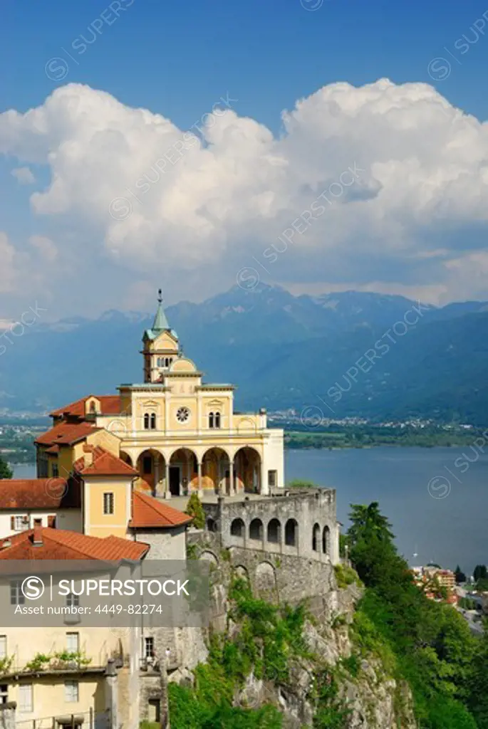 Pilgrimage church Santa Maria Assunta, Madonna del Sasso, above lake Maggiore, with Monte Garzirola in the background, Locarno, Lago Maggiore, Ticino, Switzerland