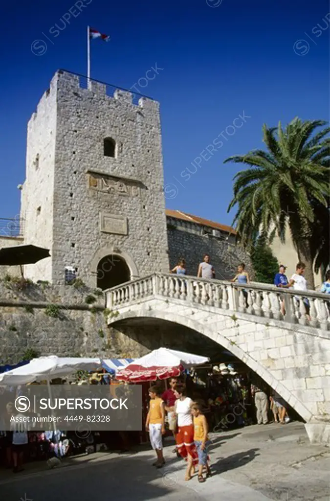 People at the city gate at the Old Town of Korcula, Korcula island, Croatian Adriatic Sea, Dalmatia, Croatia, Europe
