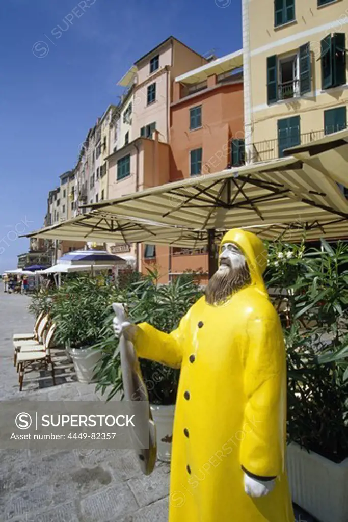 Sculpture at the seaside promenade in the sunlight, Portovenere, Liguria, Italian Riviera, Italy, Europe