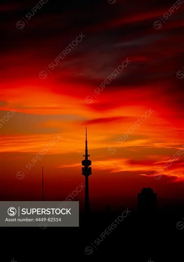 Communication tower in the afterglow, Munich, Bavaria, Germany, Europe