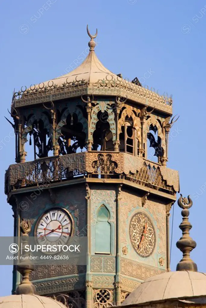 Clock tower of the mosque of Muhammad Ali in front of blue sky, Cairo, Egypt, Africa